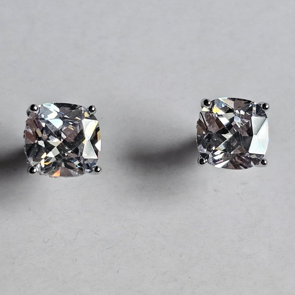 CZ stud earrings cushion cut white gemstone silver tone NWOT